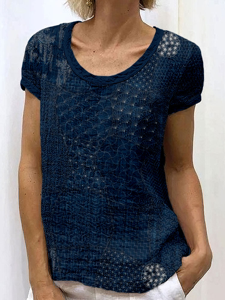 Comstylish Japanese Traditional Sashiko Art Crew Neck Cozy Shirt