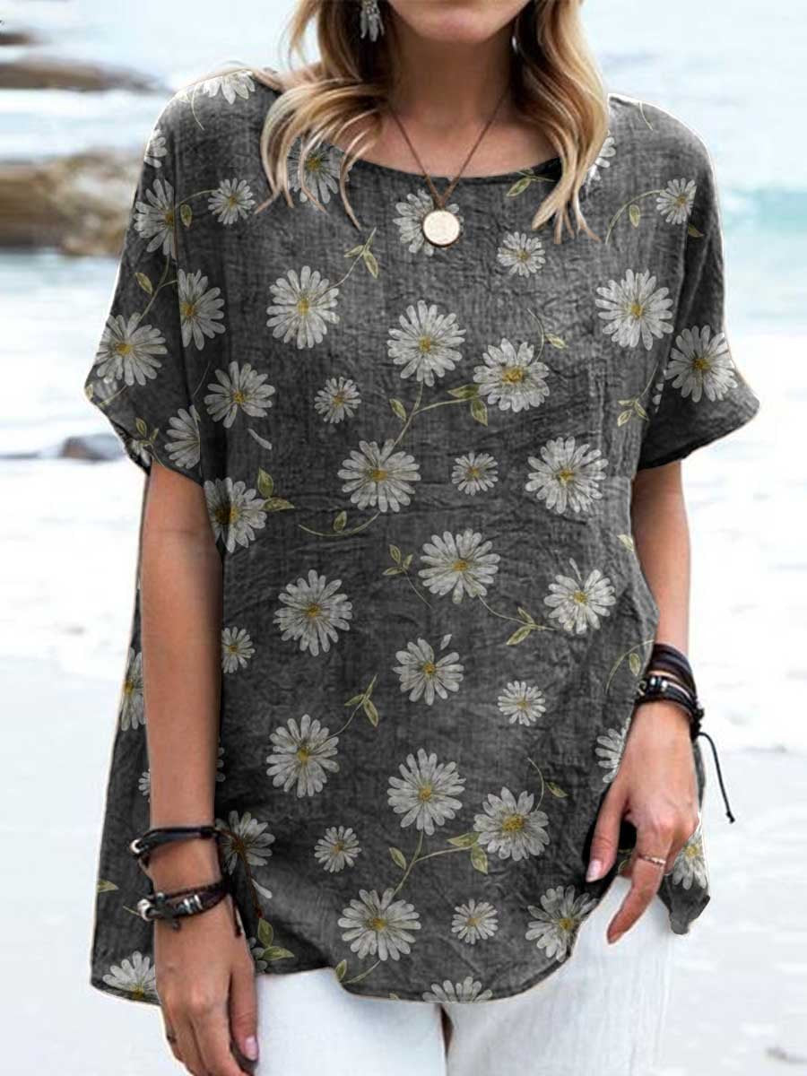 Women's Elegant Retro Floral Pattern Round Neck Cotton and Linen Top