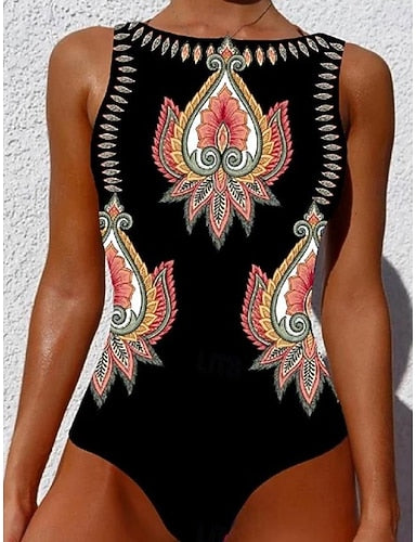 One Piece Swimsuit Slimming Monokini Backless Tummy Control High Waist Slim Vacation Beach Wear Geometric Round Neck Sleeveless Bathing Suits