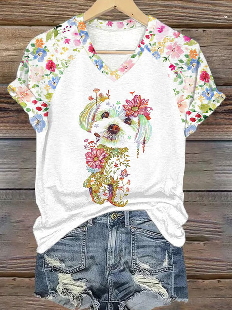 Comstylish Women's Floral Dog Print Casual T-shirt