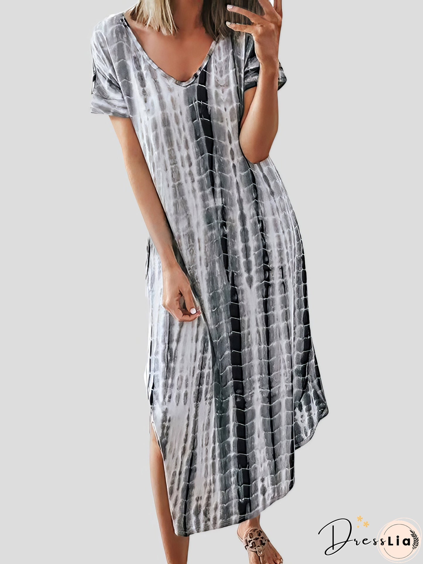 Loose Tie-Dye Printed V-Neck Split Dress