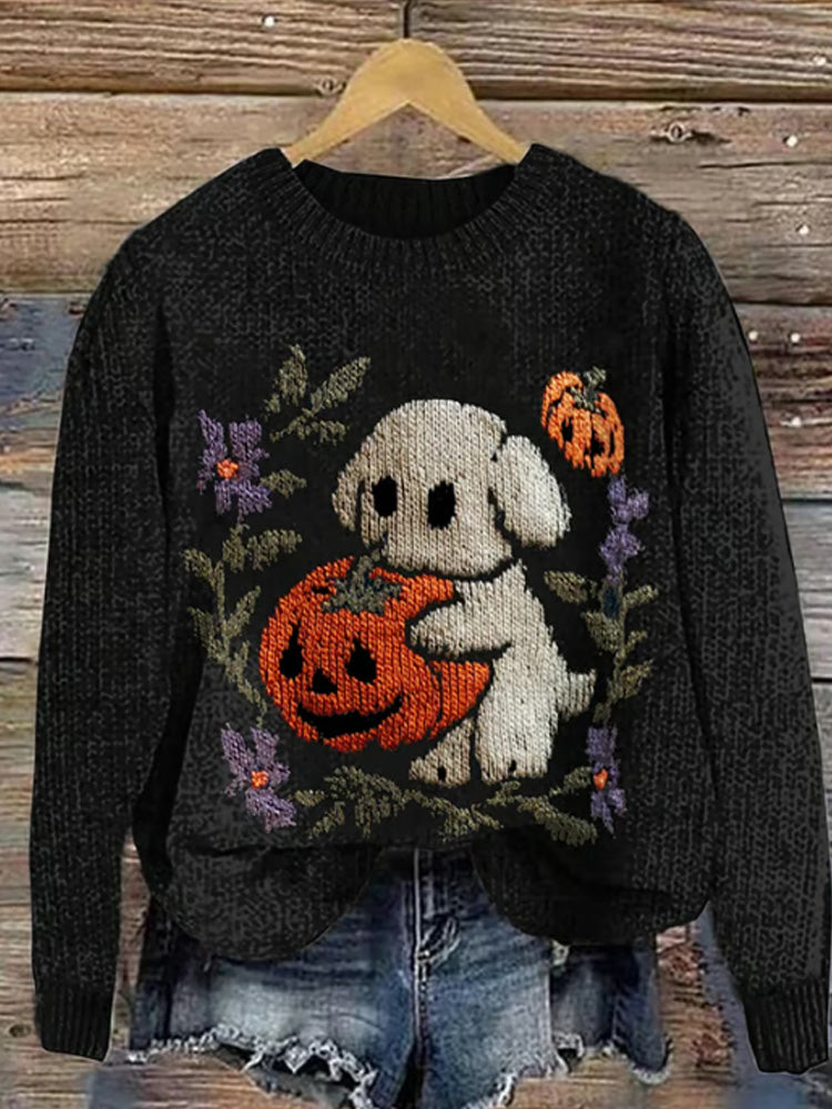 Women's Casual Pumpkin Puppy Sweater artswardrobe
