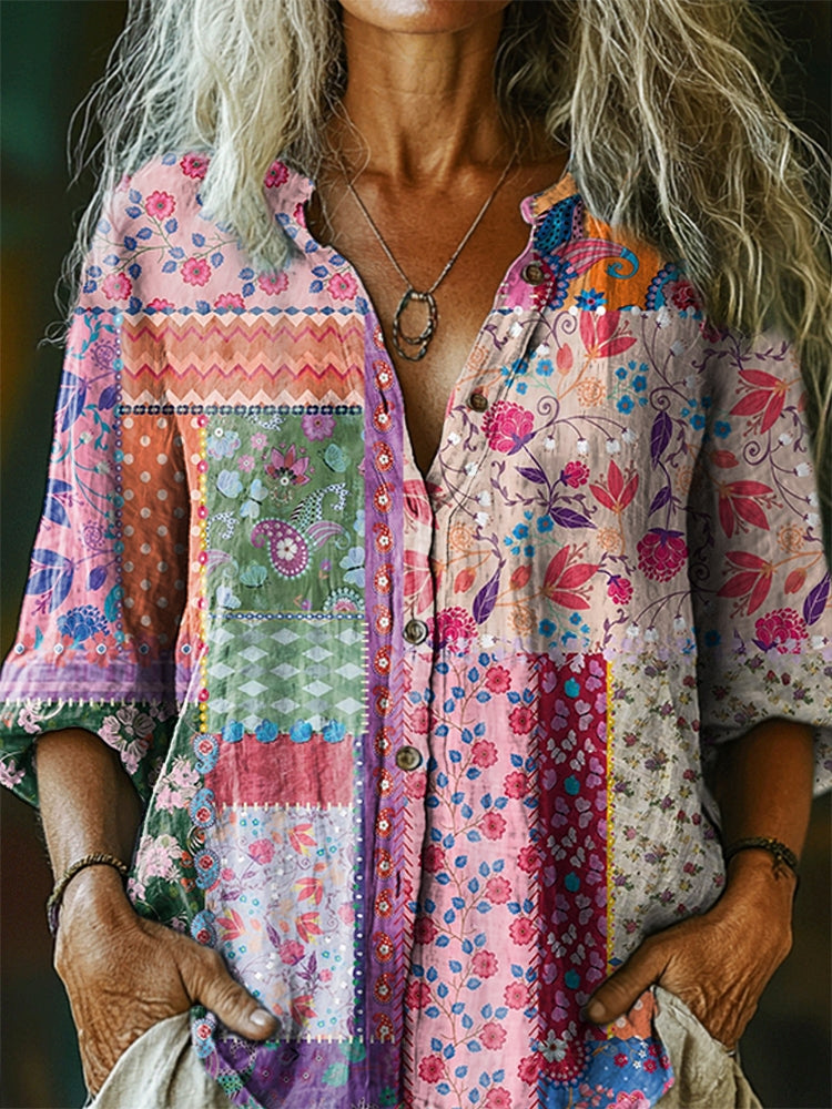 Women's Floral Pattern Art Print Casual Cotton Linen Shirt