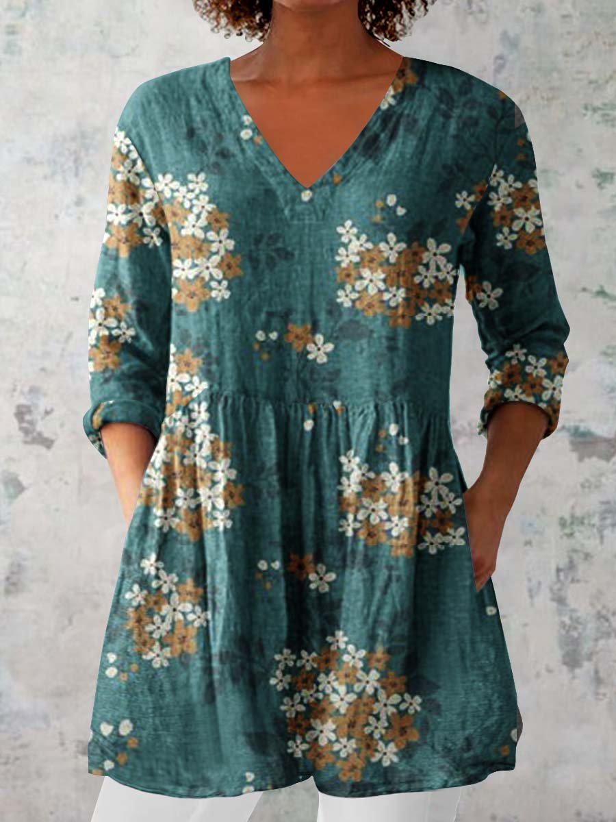 Women's Elegant Floral Pattern Round Neck Cotton and Linen Top