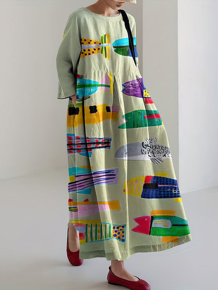 Women's Vintage Colorful Fish Printed Casual Long Sleeve Midi Dress