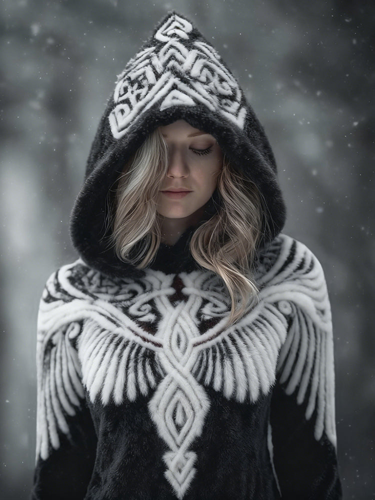 Comstylish Vintage Viking Inspired Wings Pattern Cozy Plush Hoodie