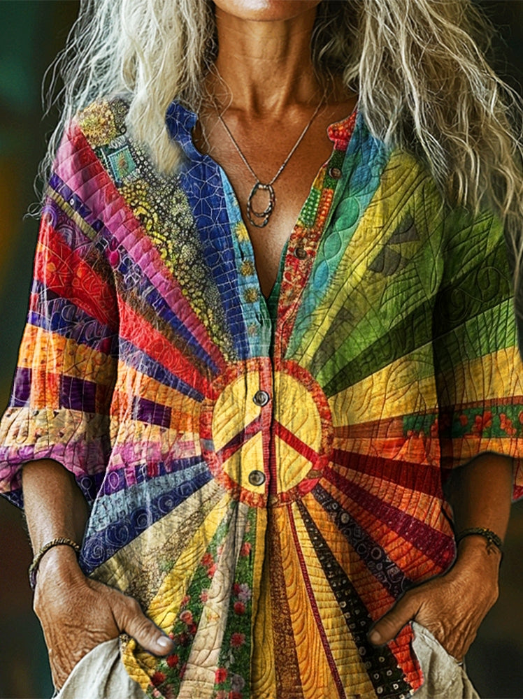Women's Hippie Peace Rainbow Art Pattern Print Casual Cotton Linen Shi
