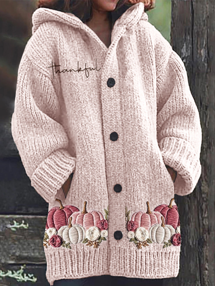 Thanksgiving Thankful Pink Pumpkins Floral Embroidered Cozy Hooded Cardigan artswardrobe