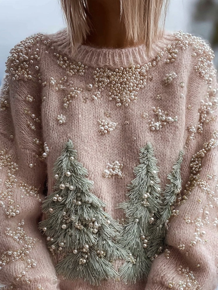 Vintage Pine Trees Embroidered Pink Cozy Sweater artswardrobe