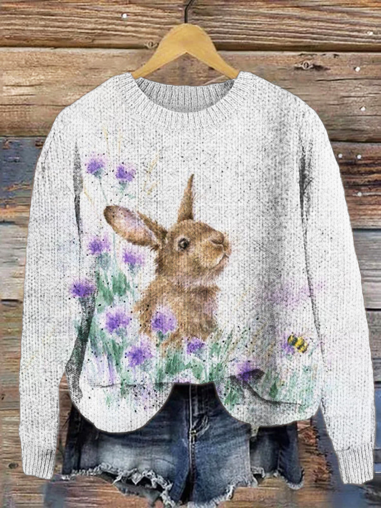 Bunny & Bee Watercolor Pattern Cozy Knit Sweater artswardrobe