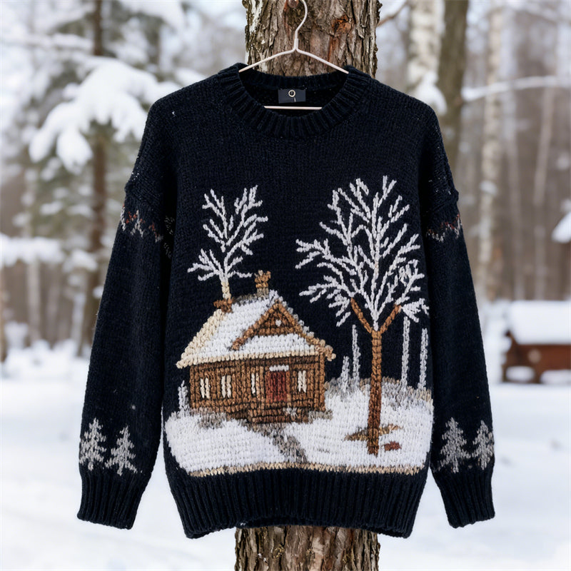Comstylish Vintage Christmas Forest Cottage Cozy Knit Sweater