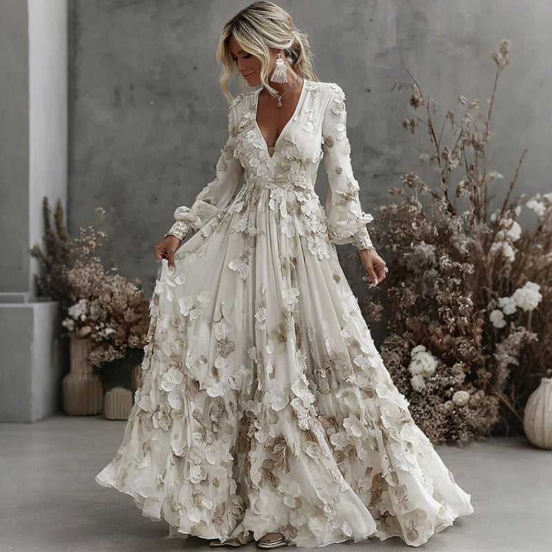 Women's Vintage Floral Pattern V Neck Comfy Maxi Dress elevenforest