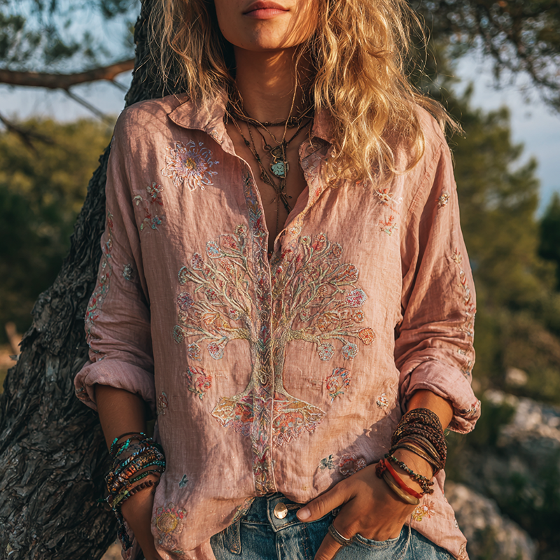 Comstylish Women's Colorful Tree Of Life Embroidered Cotton And Linen Shirt