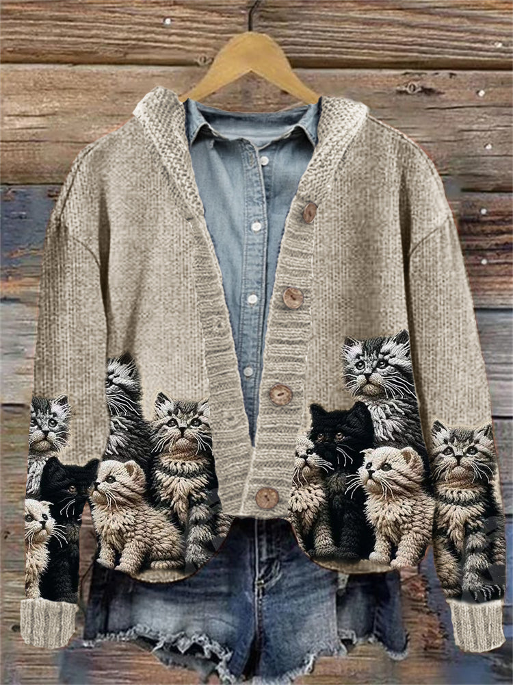Fuzzy Cats Crochet Art Cozy Knit Hooded Cardigan elevenforest
