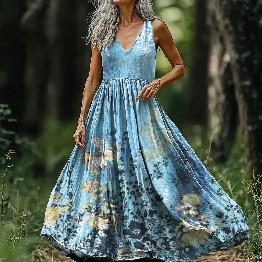 Women's Ethnic Floral Art Print V-neck Sleeveless Cotton Dress artswardrobe