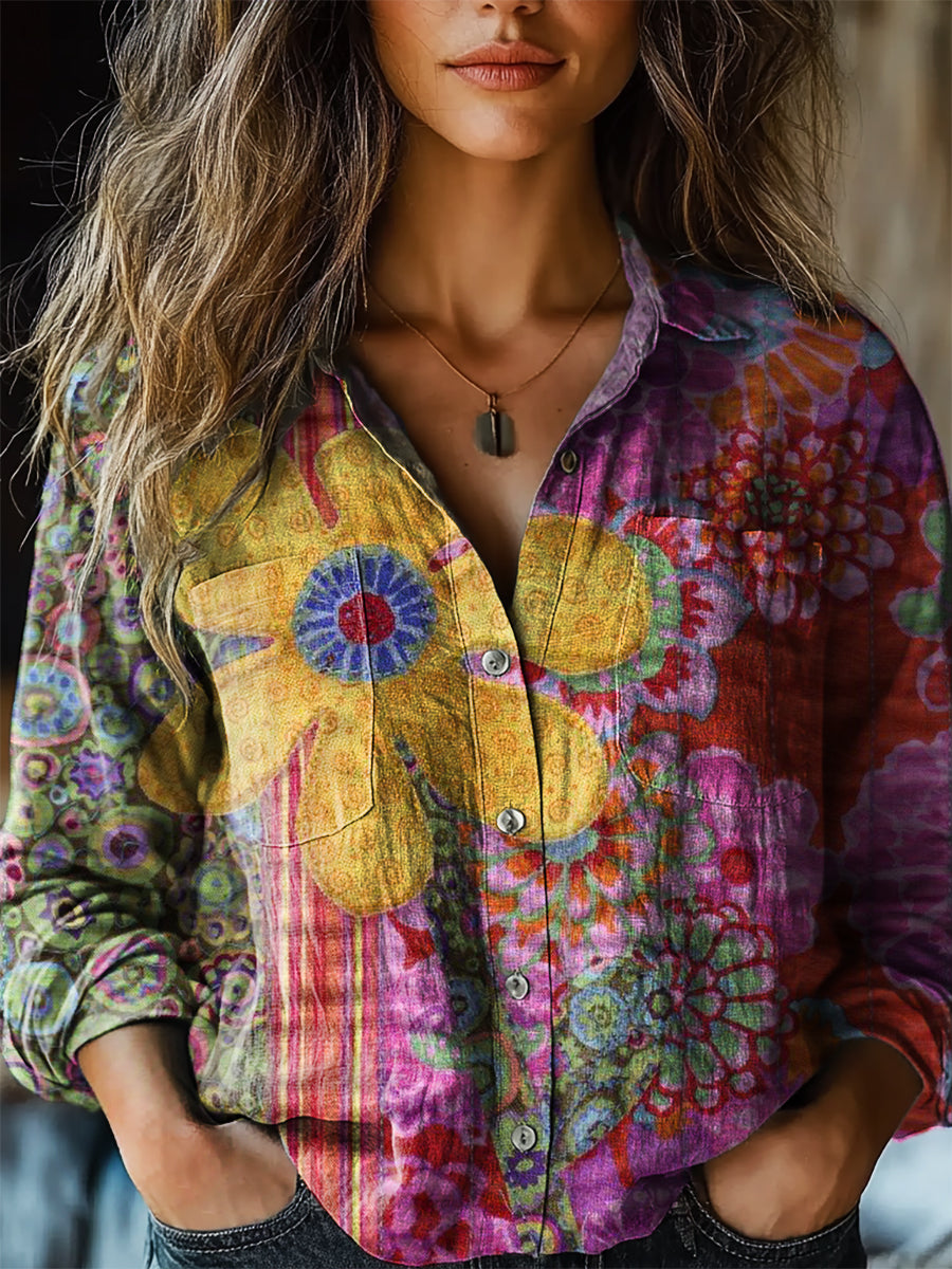 Women's Vintage Ethnic Floral Art Print Casual Long Sleeve Comfortable
