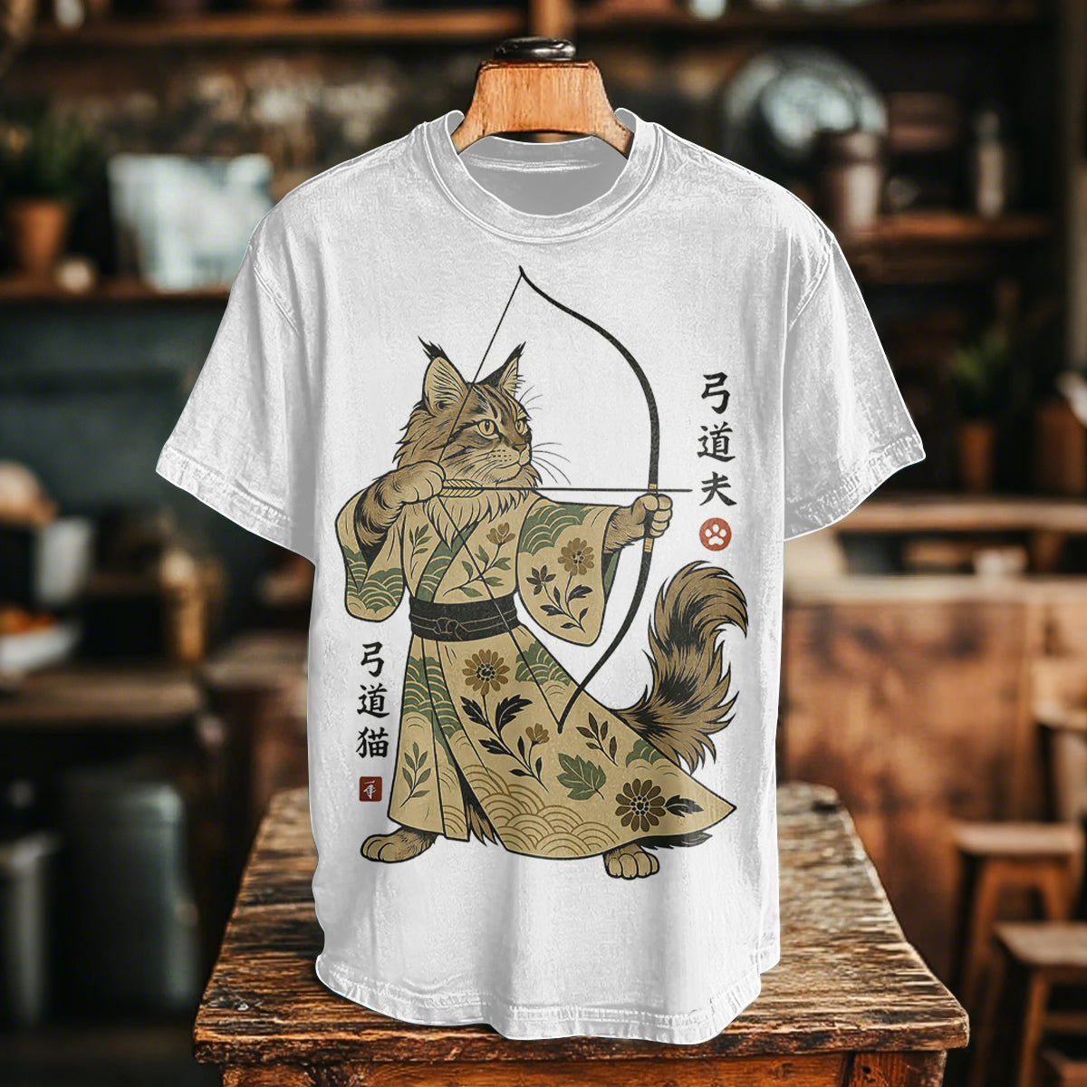 Men's Vintage Warrior Cat Tribal Warrior Japanese Kyudo Print T-shirt elevenforest