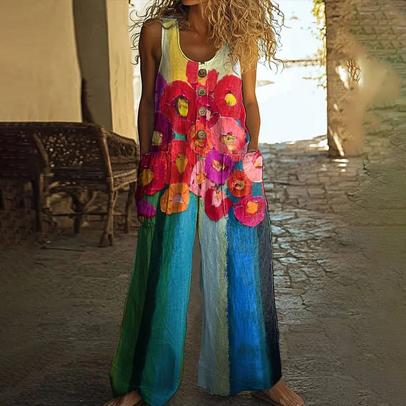 Women's Oil Painting Flower Art Print Loose Linen Blend Jumpsuit artswardrobe