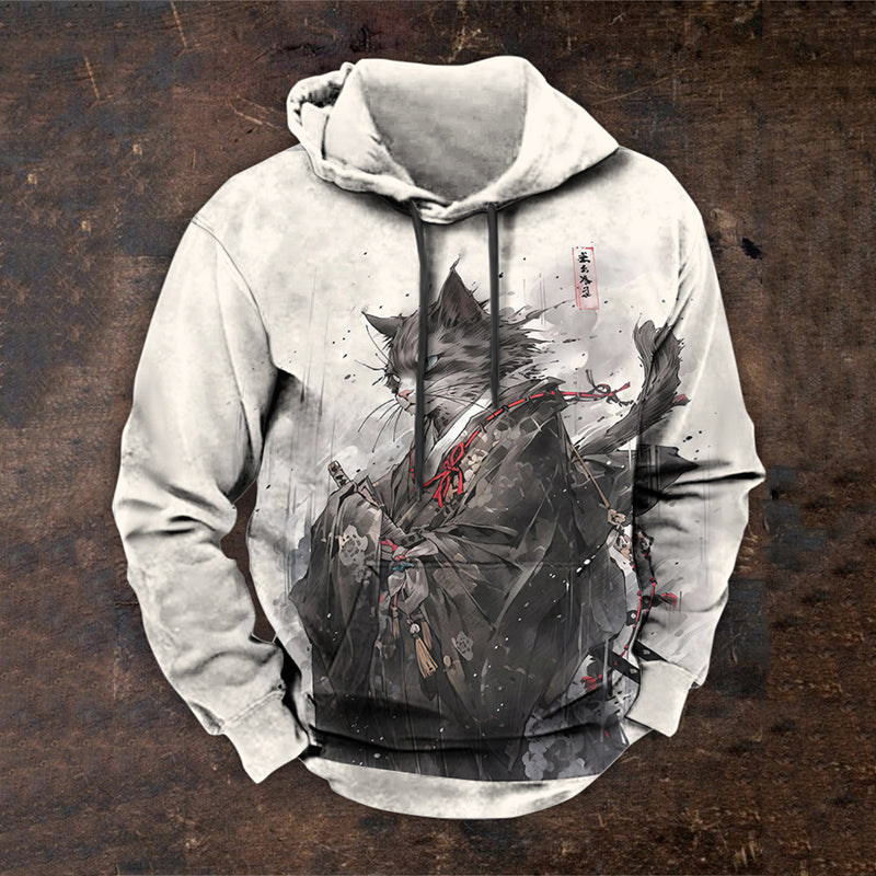 Men's Japan Cat Kimono Samurai Ink Art Pattern Print Hoodie elevenforest