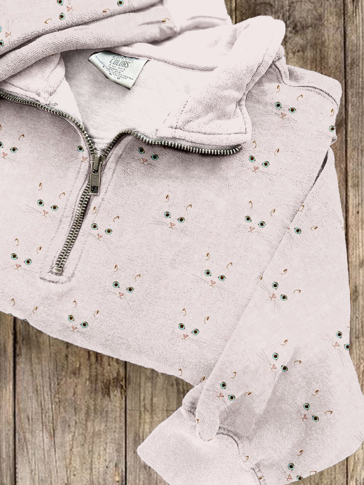 Cute Cat Face Pattern Zip Up Cozy Sweatshirt elevenforest