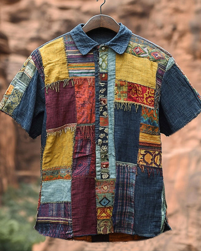 Men's Vintage Spliced contrasting Geometric Linen Shirt artswardrobe