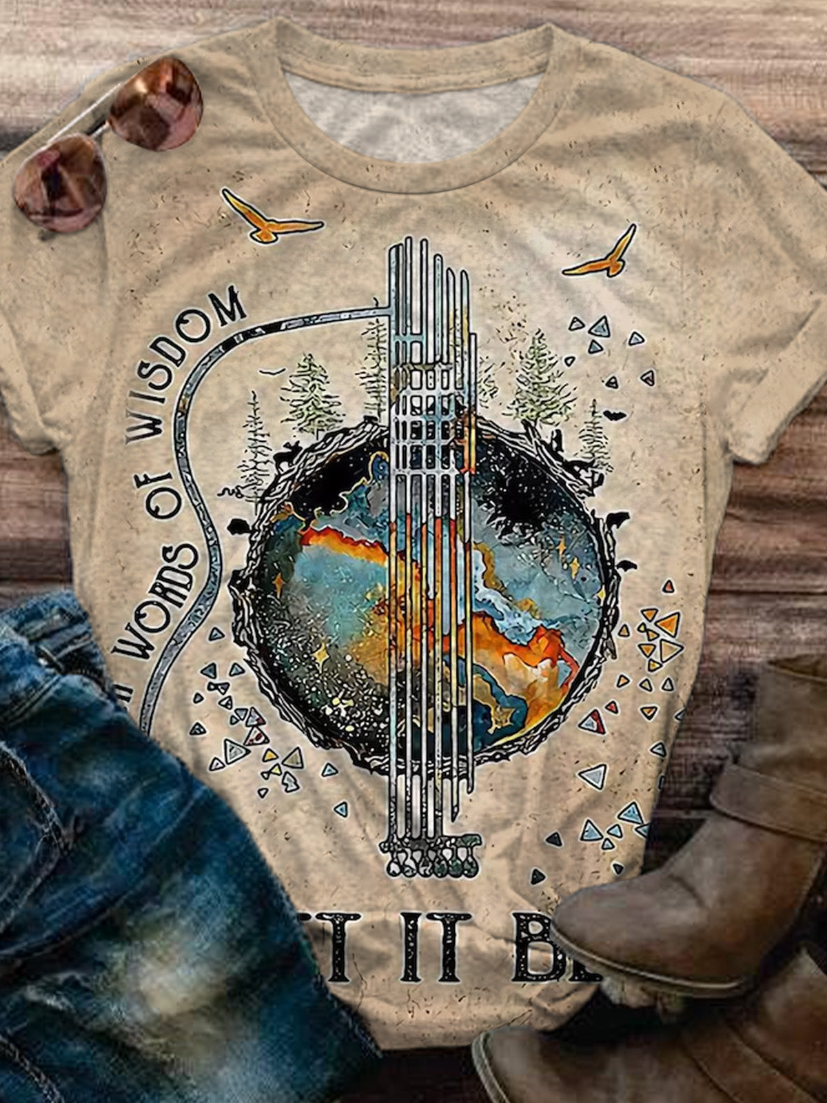 Women's Earth Map Forest Guitar Art Print Crew Neck T-shirt