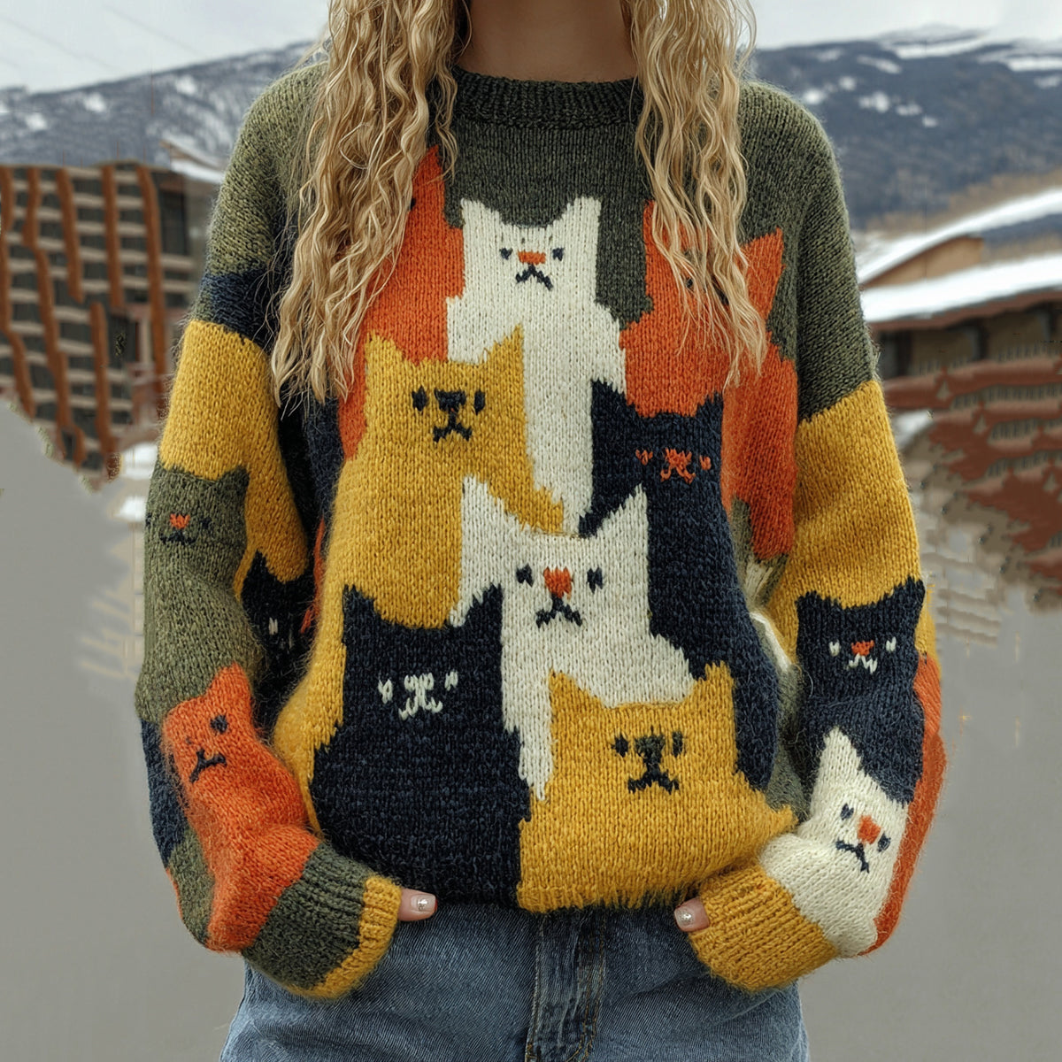 Comstylish Colorful Winter Cats Pattern Art Cozy Knit Sweater