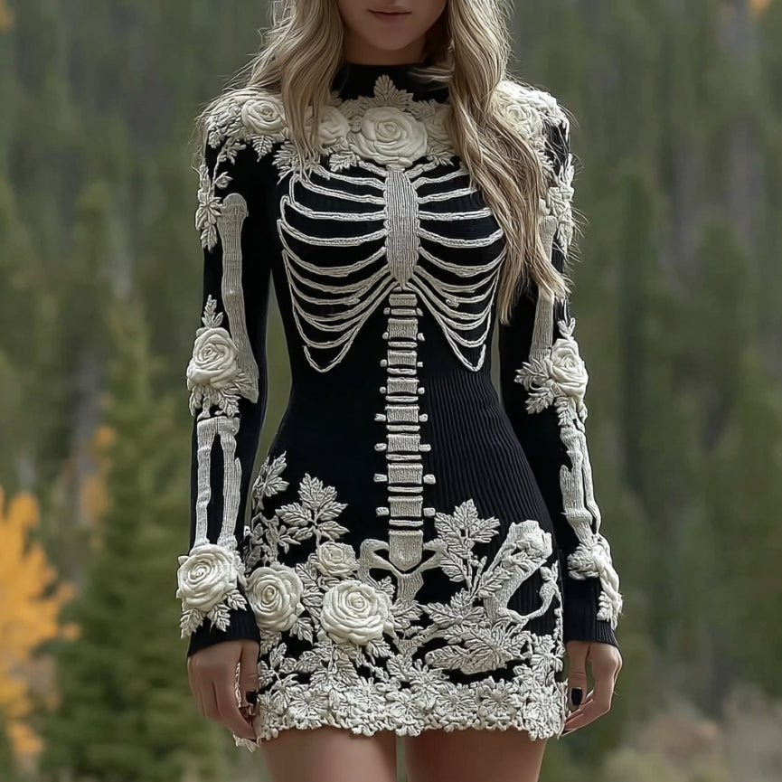 Women's Vintage Halloween Skeleton Bones Rose Art Cozy Knit Mini Sweater Dress artswardrobe