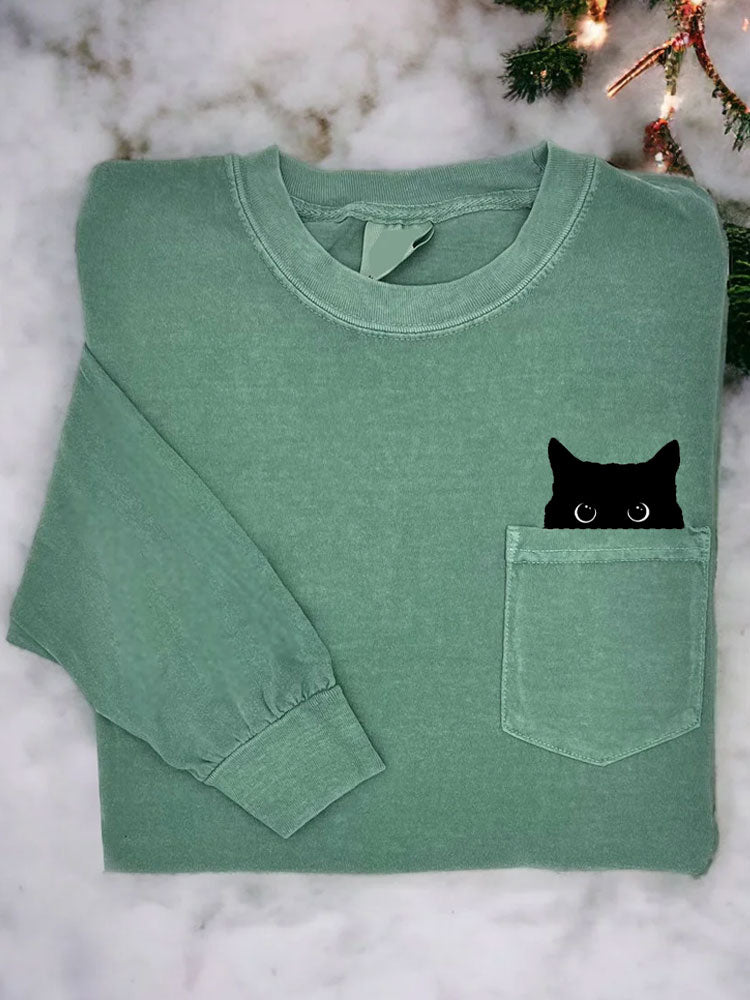 Women's Casual Funny Black Cat Print T-Shirt elevenforest