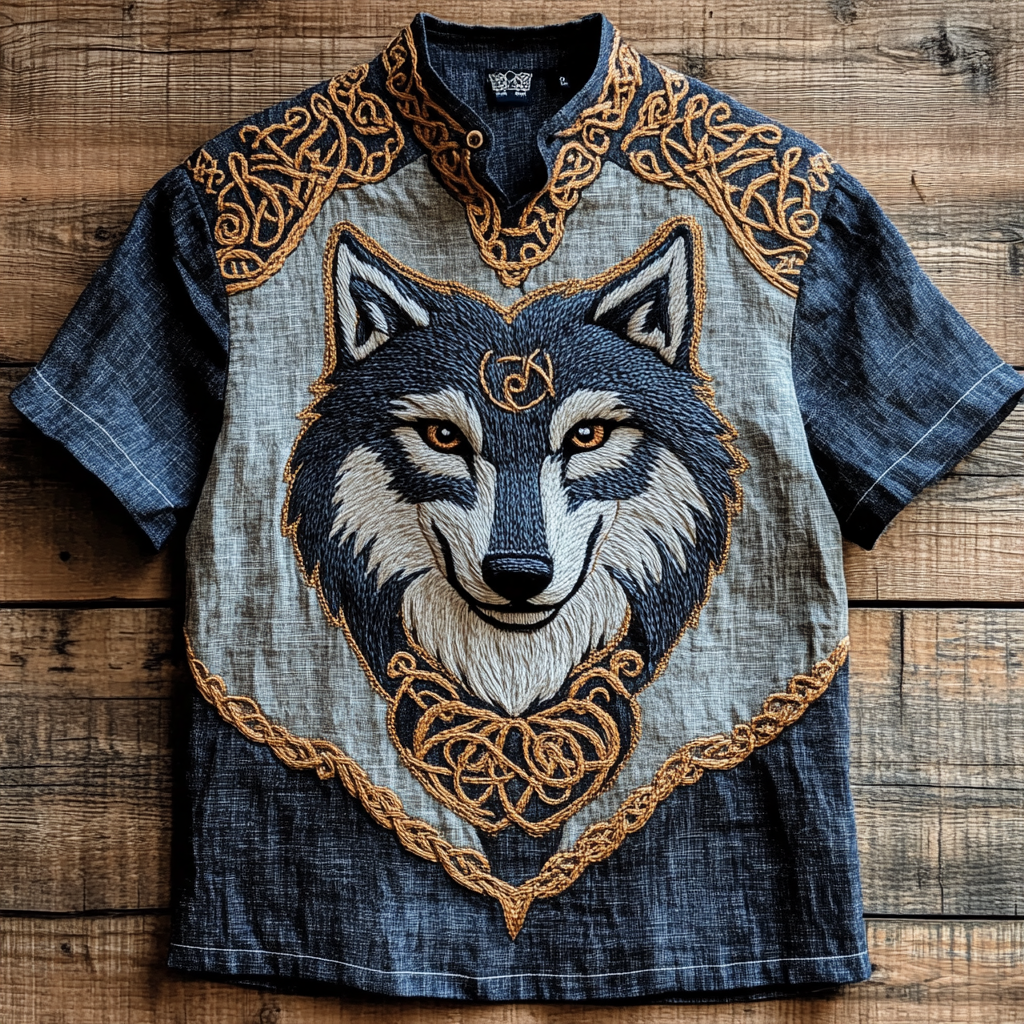 Men's Viking Wolf Celtic Embroidery Art Linen Shirt artswardrobe