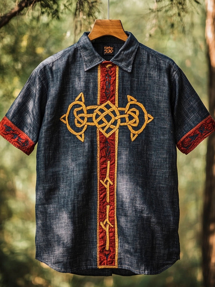 Celtic Totem Embroidered Men's Linen Short Sleeve Shirt artswardrobe