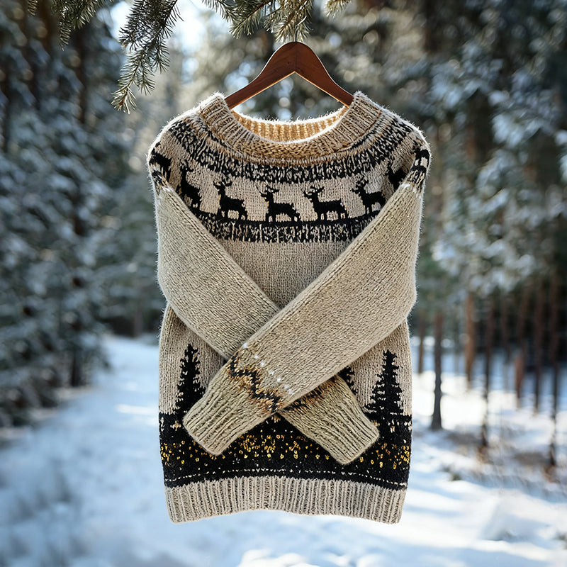 Comstylish Vintage Christmas Deer Art Icelandic Knit Jacquard Warmthcrew Neck Sweater(unisex)
