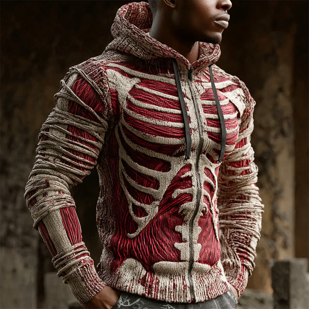 Halloween Bloody Skeleton Bandage Art Men's Knit Hooded Zip-up Sweater artswardrobe