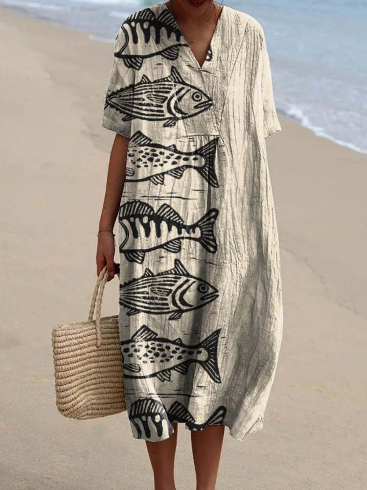 Women's Vintage Sea Fish Art Printed Casual Midi Dress