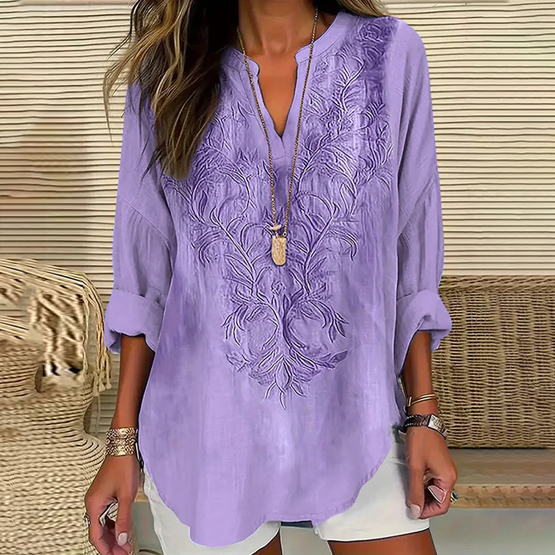 Comstylish Embroidered Floral Print V-Neck Long Sleeved Blouse