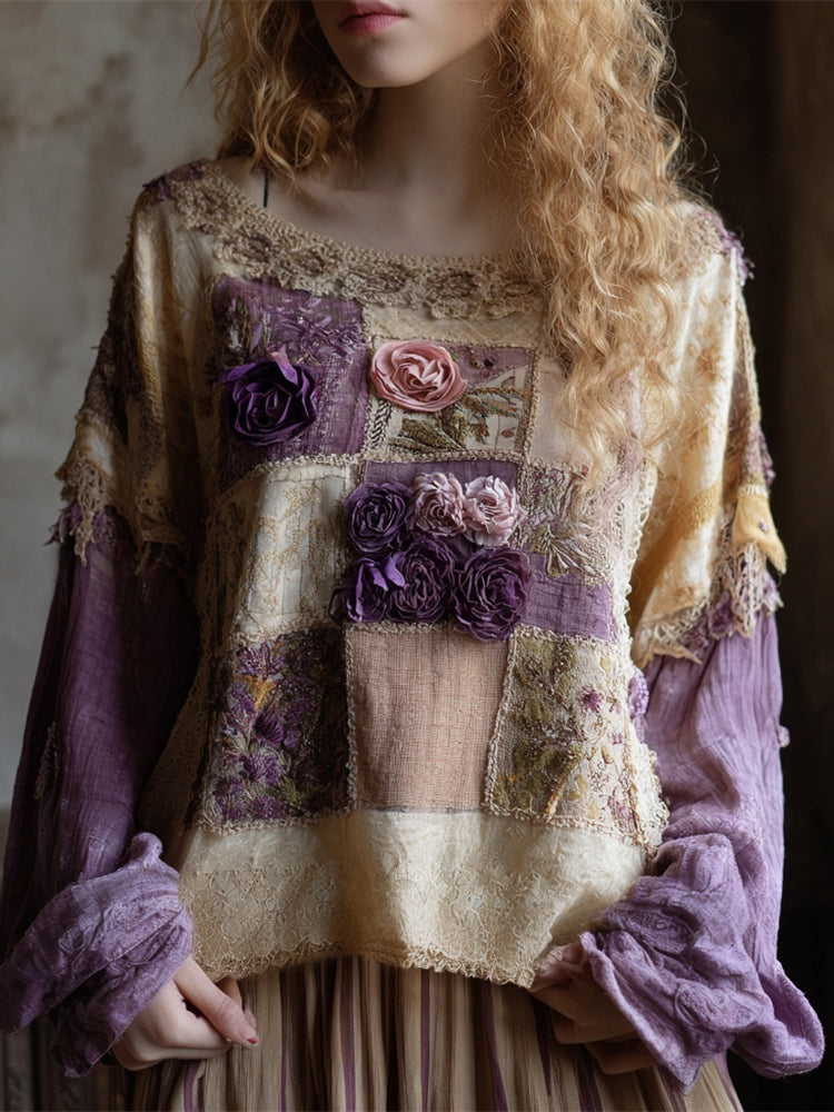 Boho Floral Embroidered Lace Patchwork Women's Linen Long Sleeve Shirt artswardrobe