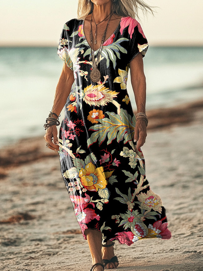 Women's Retro Flower Print Pocket Cotton Dress