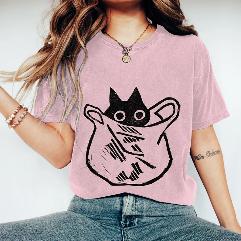 Women's Oil Floral Art Painting Cat Print T-Shirt elevenforest