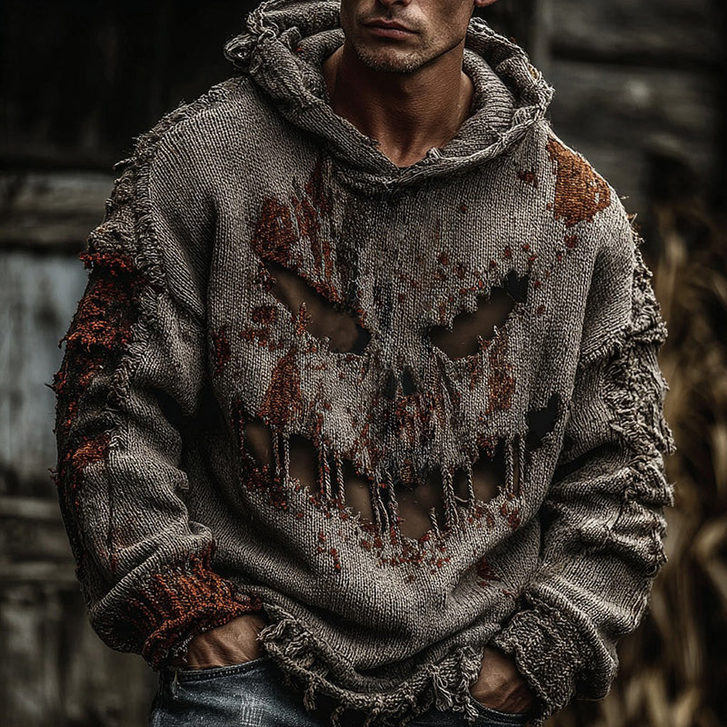 Men's Halloween Rusty Spooky Face Inspired Knitted Distressed Hooded Sweater artswardrobe