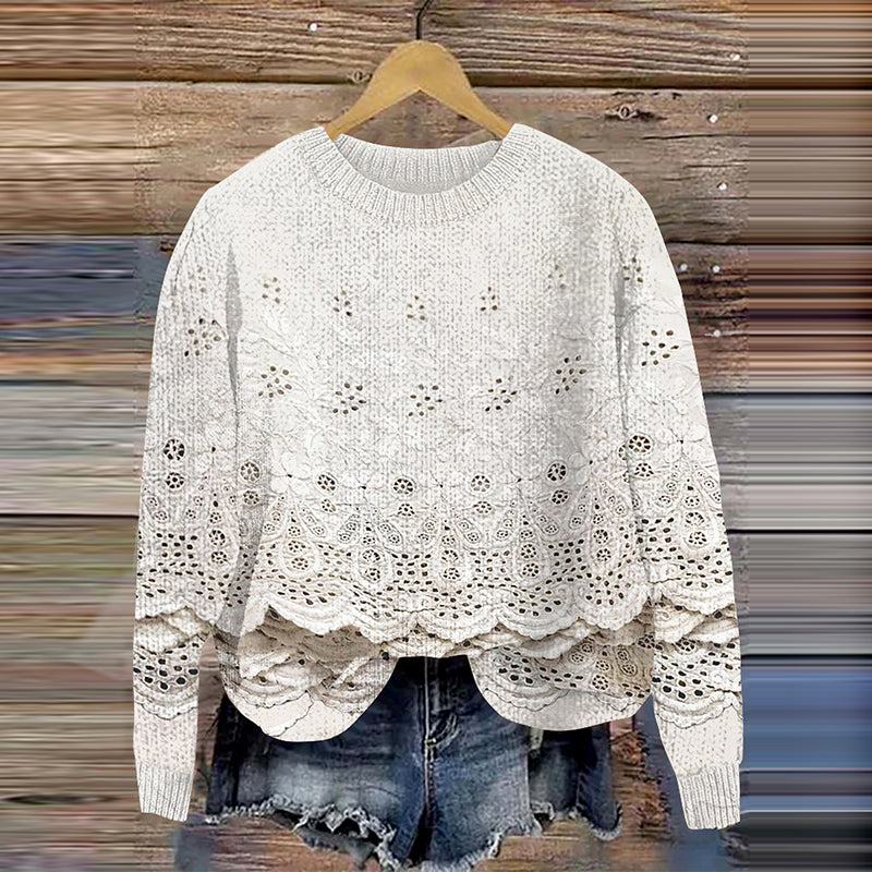 Vintage Floral Embroidery Art Cozy Knit Crew Neck Sweater artswardrobe