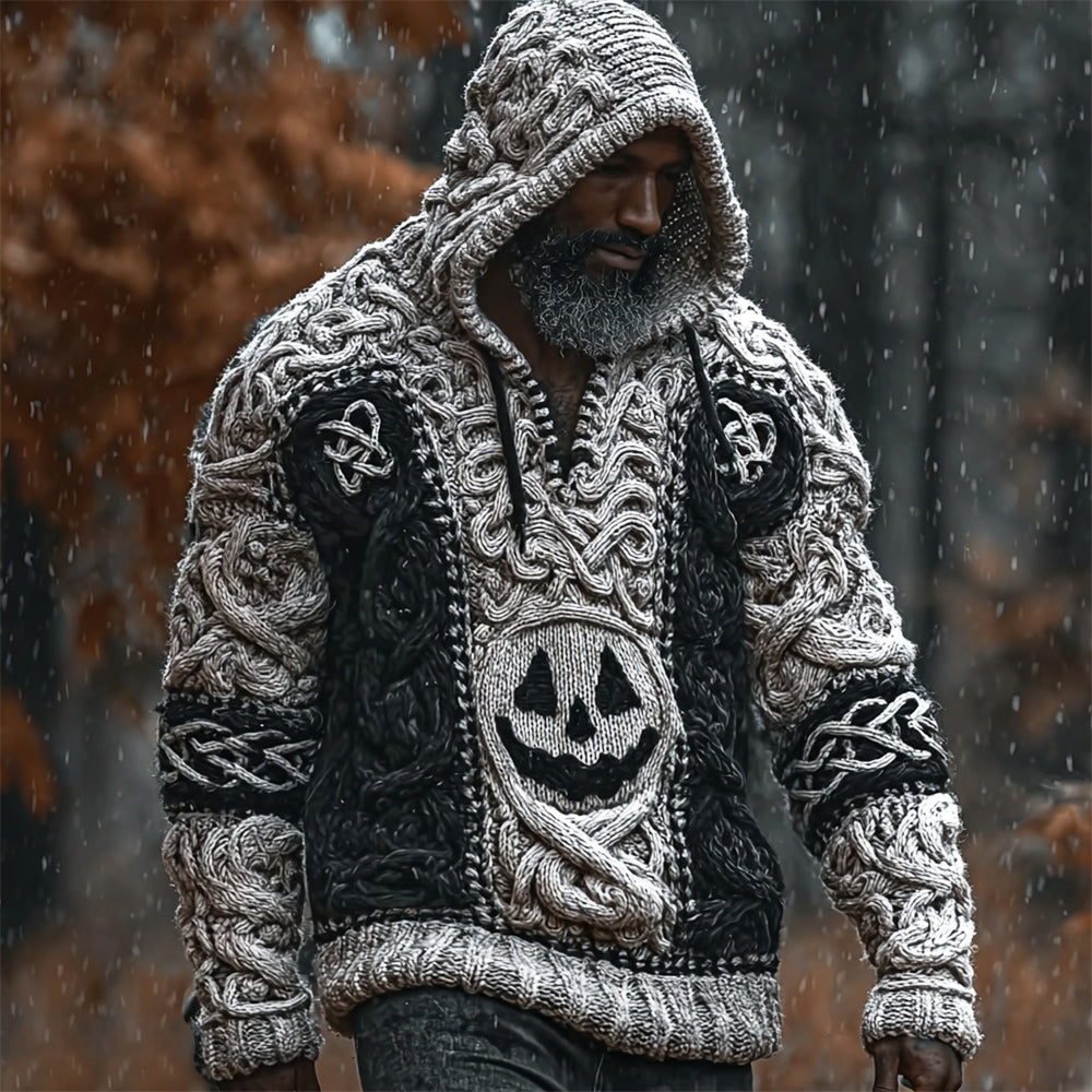 Halloween Spooky Smiley & Celtic Knot Men's Knit Hoodie artswardrobe