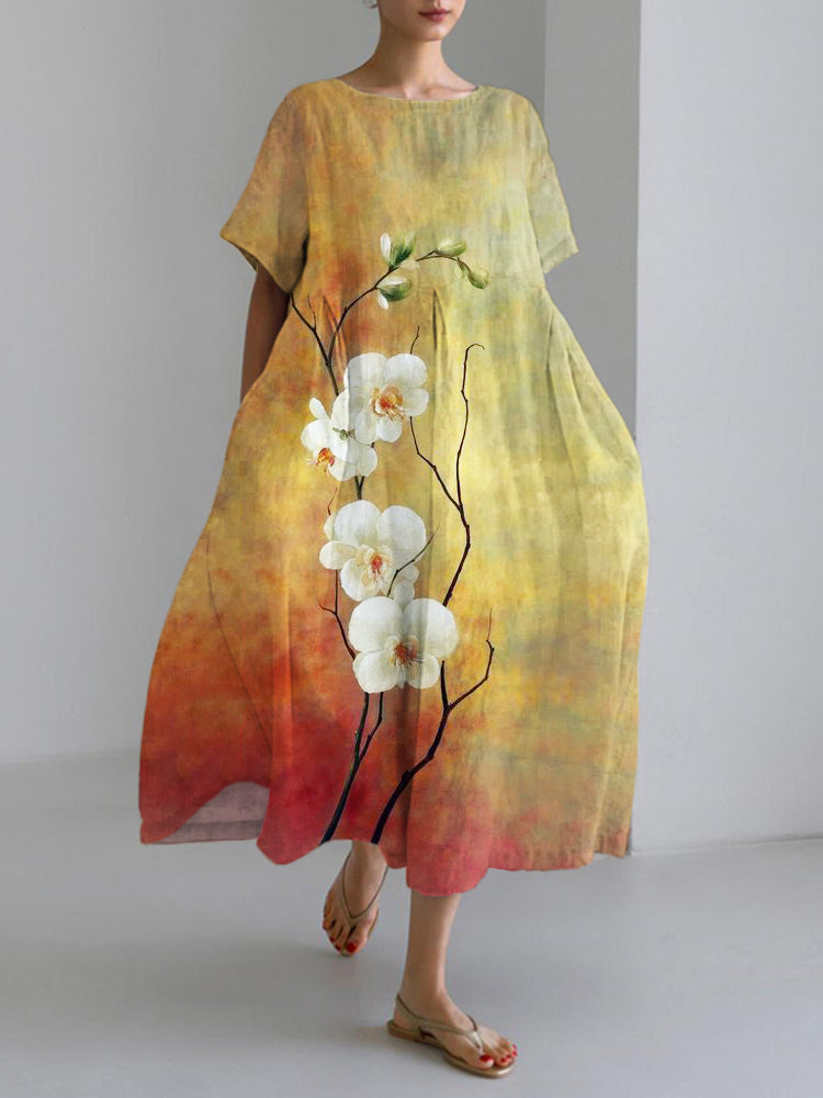 Comstylish Gradient Orchid Japanese Art Linen Blend Maxi Dress