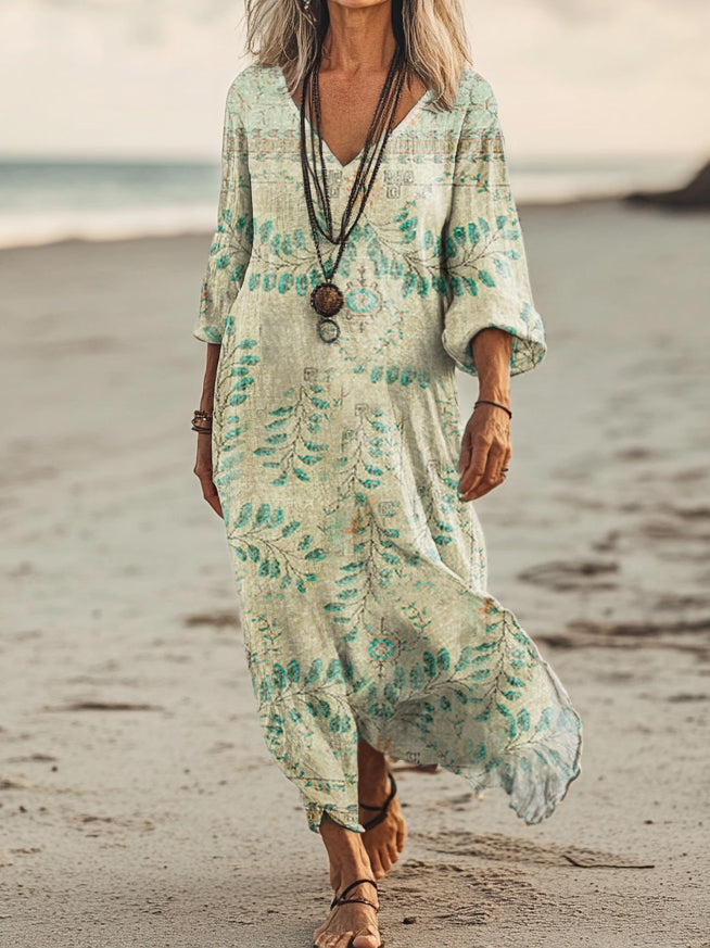 Women's Vintage Floral Pattern Art Print Pocket Cotton Dresses