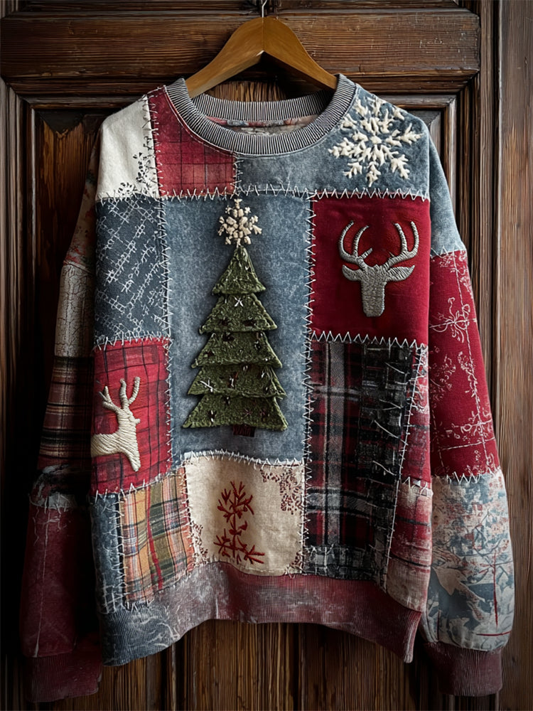 Comstylish Vintage Christmas Tree Reindeer Snowflakes Patchwork Washed Sweatshirt