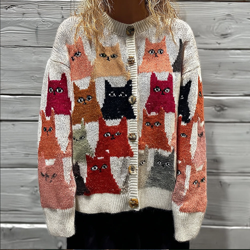 Women's Cat-themed Embroidered Cardigan Sweater artswardrobe
