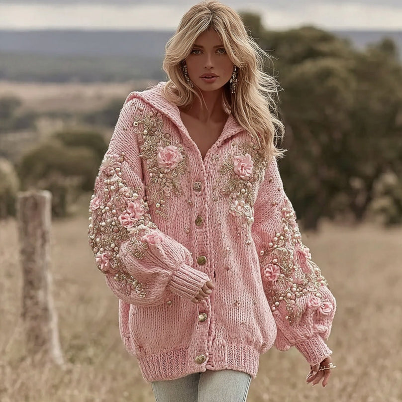 Women's Vintage Flower Embroidery Art Hooded Sweater Cardigan artswardrobe