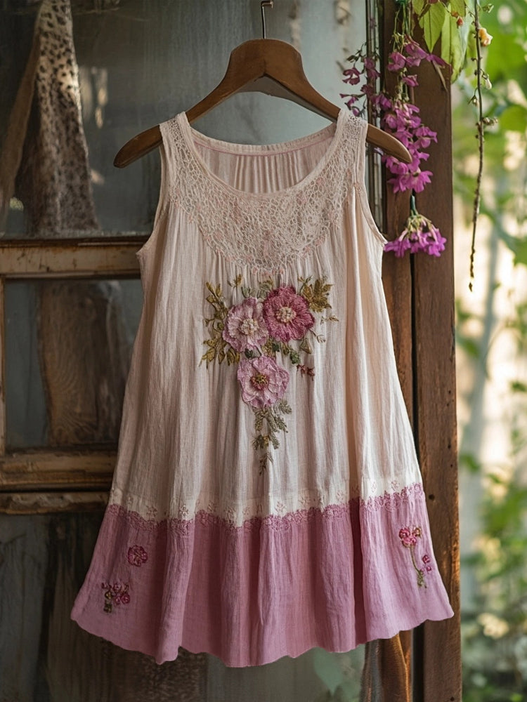 Vintage Pink Floral Embroidered Linen Tank Top artswardrobe