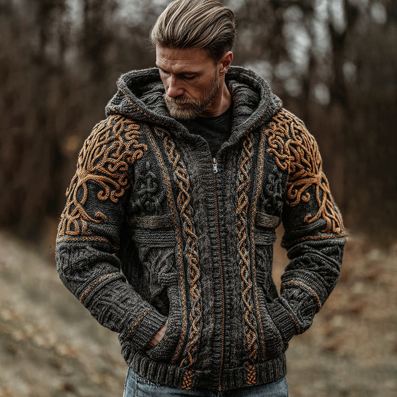 Men's Vintage Viking Celtic Knot Knit Zipper Aran Sweater Hooded Cardigan artswardrobe