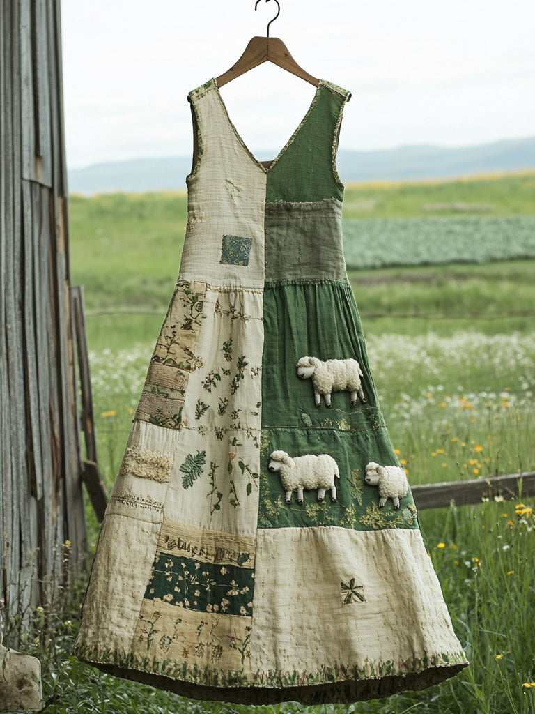 Women's Vintage Sheep And Grass Patchwork Design Maxi Dress artswardrobe
