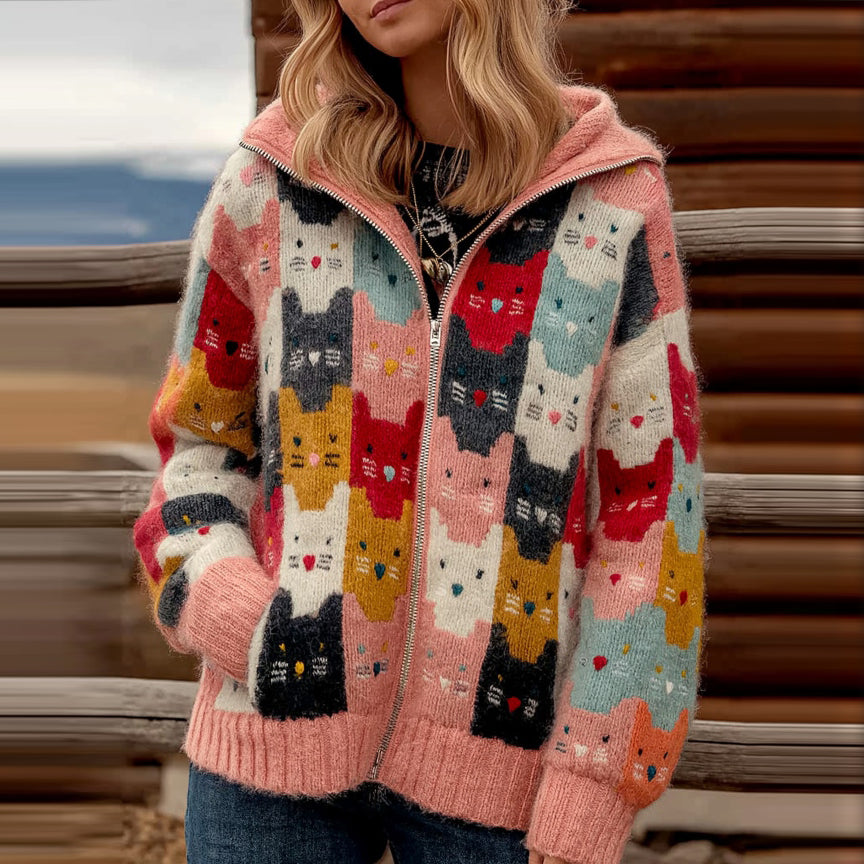 Comstylish Women's Colorful Cats Art Knit Zipper Cardigan Sweater